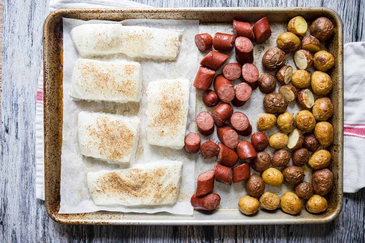 sausage sheet pan dinner, halibut potatoes and sausage on sheet pan