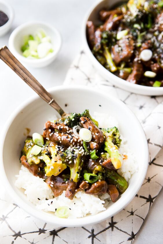 instant pot beef and broccoli, Instant Pot Beef and Broccoli over rice in a white bowl
