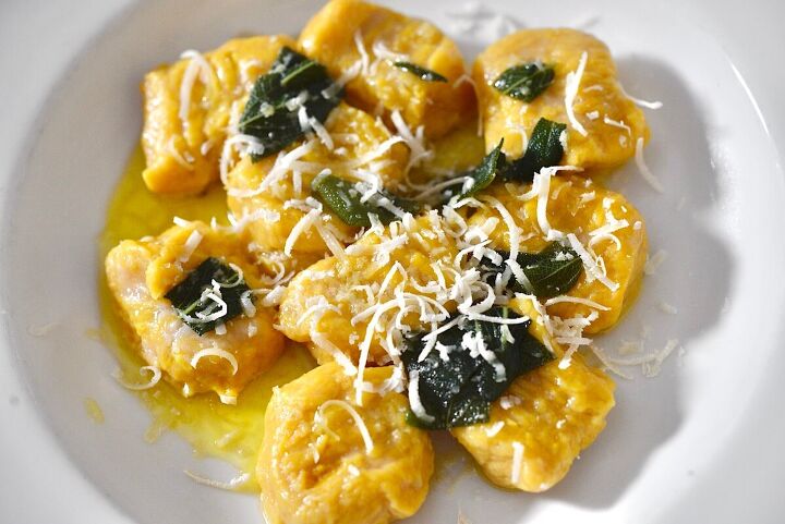easy pumpkin gnocchi with sage brown butter sauce , pumpkin gnocchi with sage brown butter sauce and freshly grated parmesan