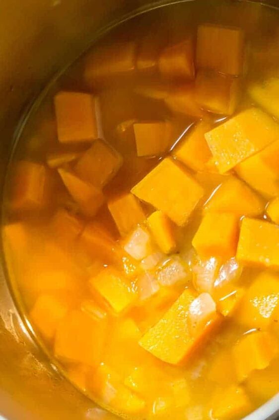 creamy sweet potato soup, A pot of cut up sweet potato