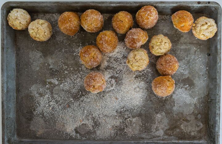 donut holes recipe apple spice, shake pan back and forth to cover doughnuts with sugar