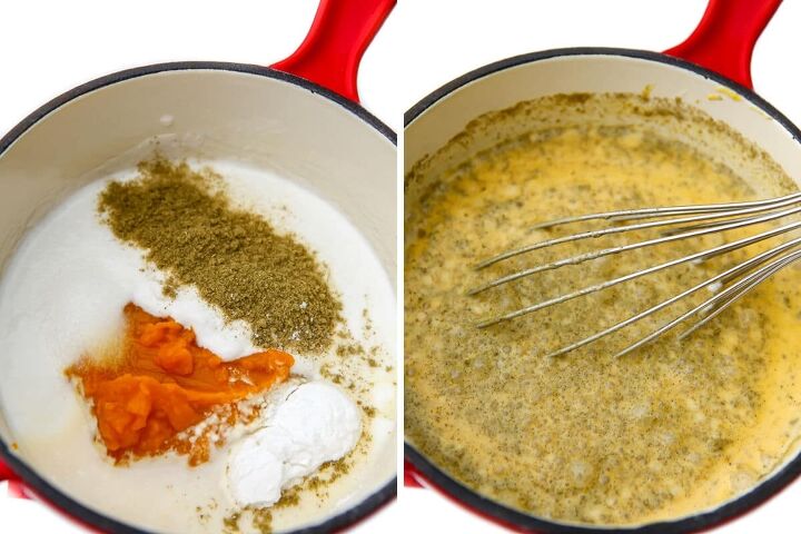 vegan pumpkin pasta, A collage of 2 pictures showing the process steps of making the vegan pumpkin pasta sauce with coconut milk and pumpkin puree before and after it has been stirred