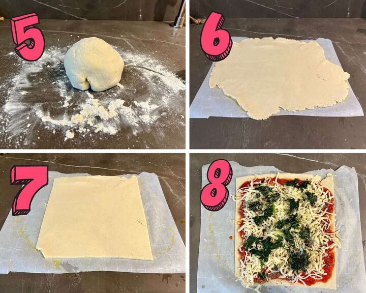 gluten free pizza rolls recipe, photos showing process of how to kneed pizza dough roll out the dough and add the toppings for gluten free pizza rolls recipe