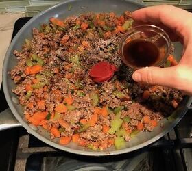 easy cottage pie recipe with chorizo, Beef filling in pan for Cottage Pie recipe It has Spanish Chorizo and ground beef cooked in a rich and savory gravy with veggies and herbs Creamy mashed potatoes sit on top with manchego parmesan and garlic dinnerideas cottagepie shepherdspie