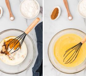 easy fluffy pumpkin pancakes with pancake mix, Mixing together the wet ingredients to make the pumpkin pancakes