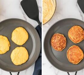 easy fluffy pumpkin pancakes with pancake mix, Pancakes cooking in a skillet