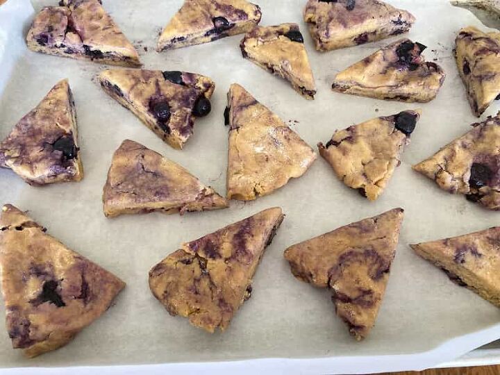 sourdough blueberry scones with lemon glaze discard recipe, sourdough blueberry scones on baking sheet