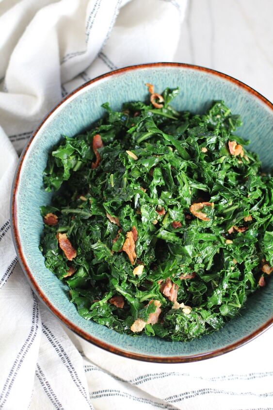sauteed kale with bacon and garlic couve a mineira, Brazilian sauteed Kale with Bacon and Garlic in a bowl on counter with white and blue towel It s known as Couve Mineira in Portuguese and is an easy and delicious side for any dinner
