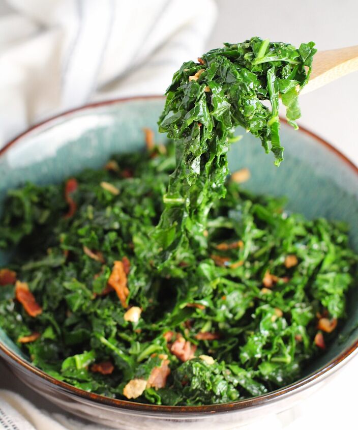 sauteed kale with bacon and garlic couve a mineira, Spoon scooping Brazilian sauteed Kale with Bacon and Garlic in a bowl on counter with white and blue towel It s known as Couve Mineira in Portuguese and is an easy and delicious side for any dinner