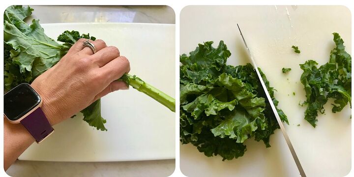 sauteed kale with bacon and garlic couve a mineira, 2 images left showing hand removing kale leaves from stem and right showing knife slicing kale for Kale with bacon recipe