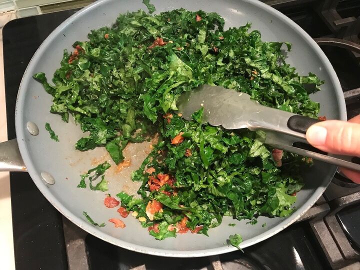 sauteed kale with bacon and garlic couve a mineira, Tongs mixing kale and bacon in pan for Kale with Bacon
