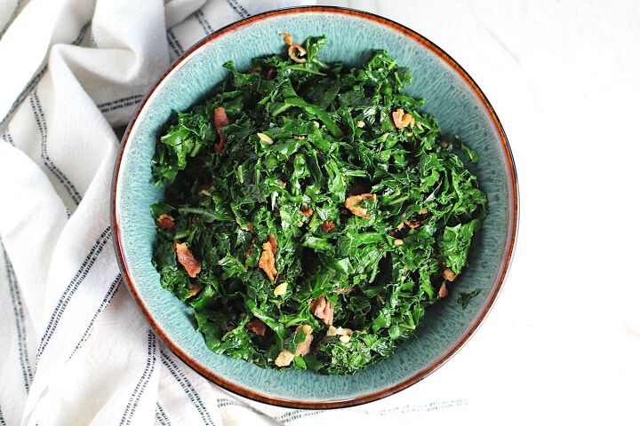 sauteed kale with bacon and garlic couve a mineira, Brazilian sauteed Kale with Bacon and Garlic in a bowl on counter with white and blue towel It s known as Couve Mineira in Portuguese and is an easy and delicious side for any dinner