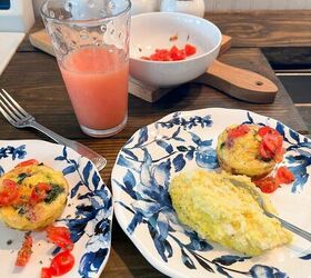 muffins on plate with grapefruit juice and grits