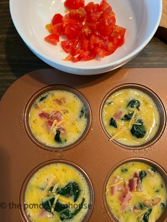 Fill muffin tins with bacon egg cheese spinach onion mixture