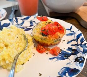 Easy Breakfast recipe Bacon Egg Muffins with grits and chopped tomatoes Grapefruit juice for Thanksgiving