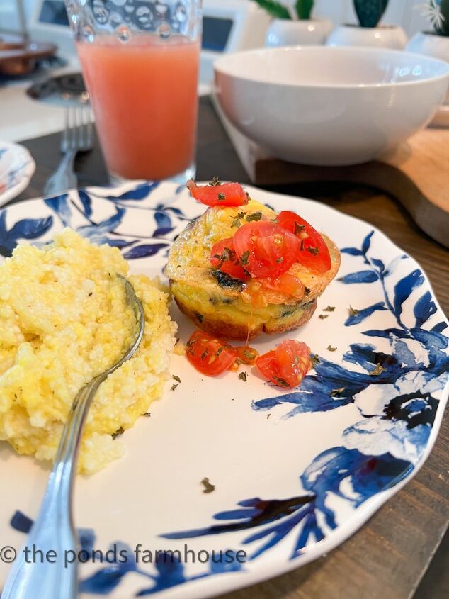 Easy Breakfast recipe Bacon Egg Muffins with grits and chopped tomatoes Grapefruit juice for Thanksgiving