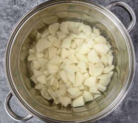 warm potato salad recipe with bacon, Cut potatoes in a large stainless steel pot of water