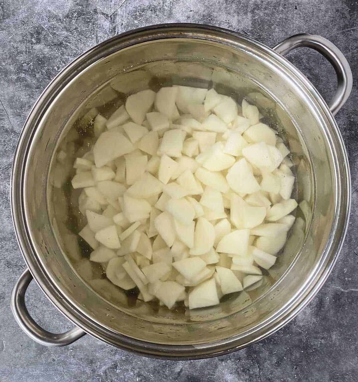 warm potato salad recipe with bacon, Cut potatoes in a large stainless steel pot of water