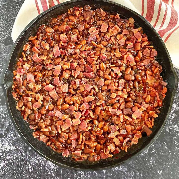 smoked baked beans with bacon and brown sugar, Smoked baked beans with bacon and brown sugar in a cast iron skillet
