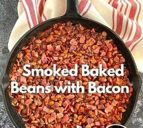 smoked baked beans with bacon and brown sugar, A finished skillet of smoked baked beans with bacon