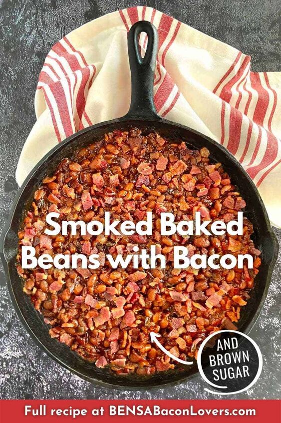 smoked baked beans with bacon and brown sugar, A finished skillet of smoked baked beans with bacon
