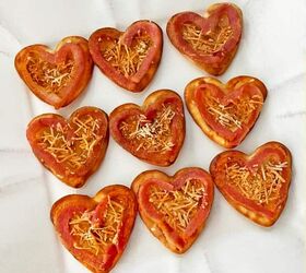 bacon heart appetizers, 9 Heart bacon appetizers on a white platter