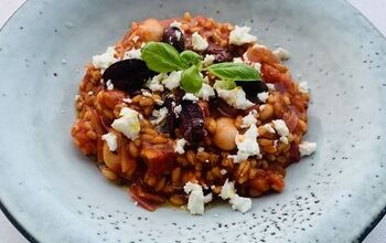 Pearl Barely, Butter Bean & Cherry Tomato Risotto With Feta and Olives