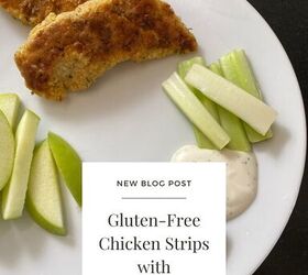 gluten free chicken strips with a kick, pinterest graphic with a picture of the plated chicken strips and an overlay that reads gluten free chicken strips with a kick