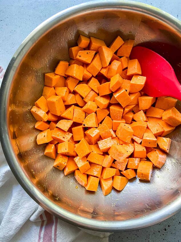 crispy roasted sweet potatoes, Toss diced sweet potatoes in olive oil and spices