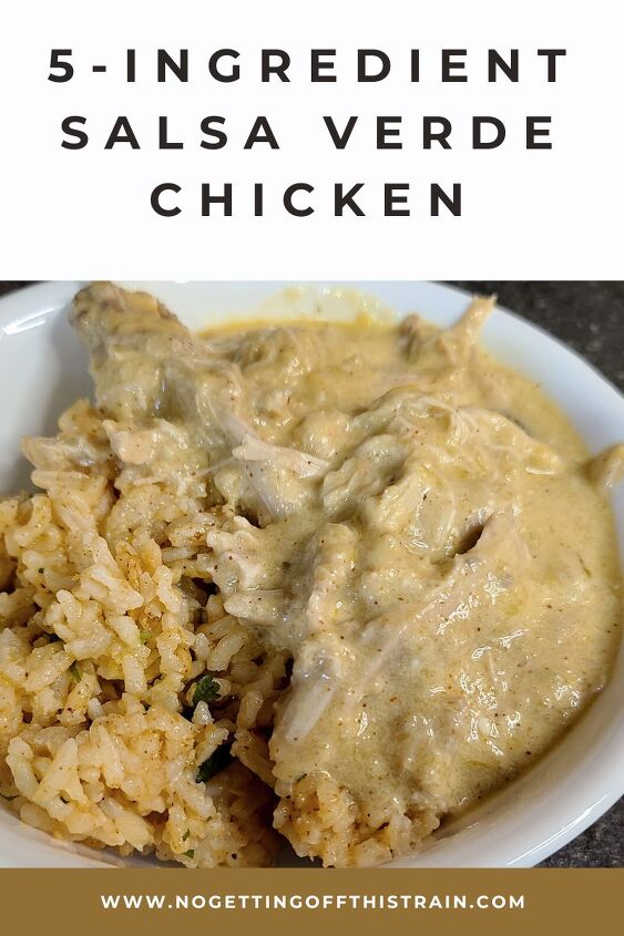 5 ingredient salsa verde chicken, Salsa verde chicken in a bowl with text 5 ingredient salsa verde chicken