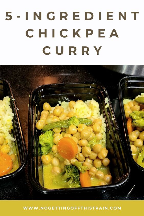 5 ingredient chickpea curry recipe, Chickpea curry in meal prep containers with text 5 ingredient chickpea curry