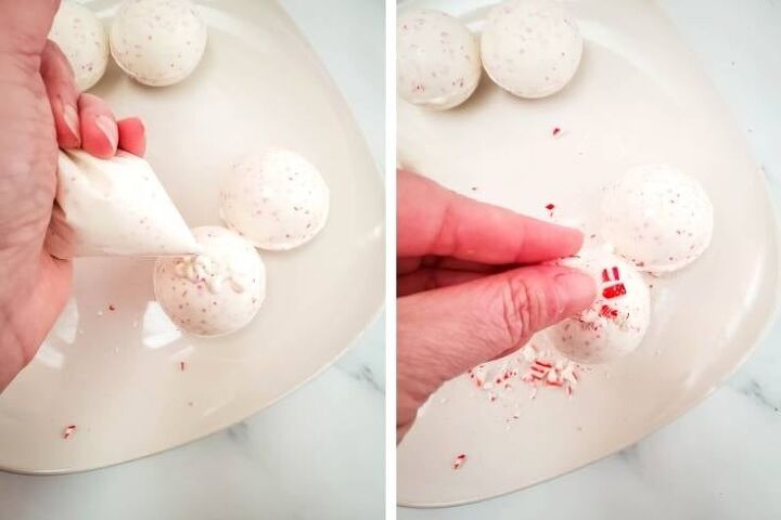 peppermint hot cocoa bombs, decorate cocoa bombs with crushed candy canes
