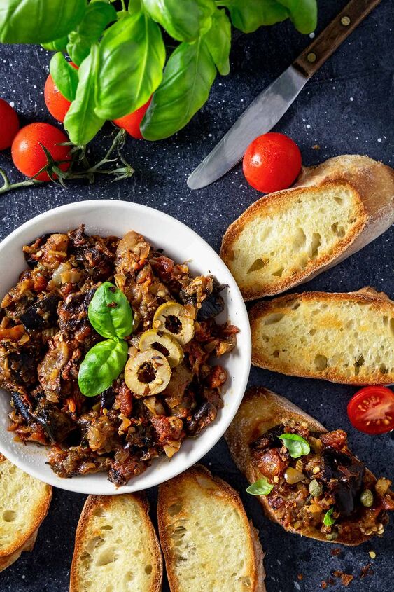 sicilian eggplant caponata, Toasted bread with eggplant caponata appetizer