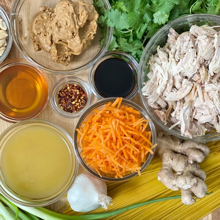 asian inspired chicken and noodles with peanut sauce, All the ingredients in this Asian Inspired Chicken and Noodles with Peanut Sauce recipe including chicken spaghetti carrots peanut butter and more