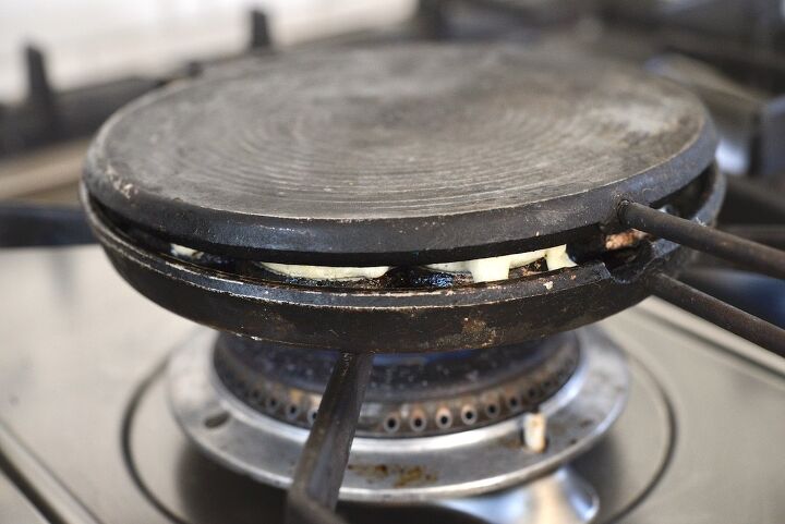 easy cast iron sourdough waffles, cast iron waffle maker on stove