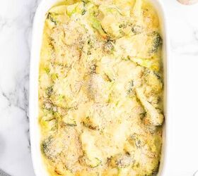 cheesy broccoli au gratin recipe, Cheesy Broccoli Au Gratin in a white casserole dish after being baked