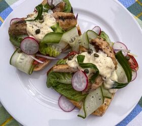 golden mackerel toasts with crispy salad and a horseradish cream