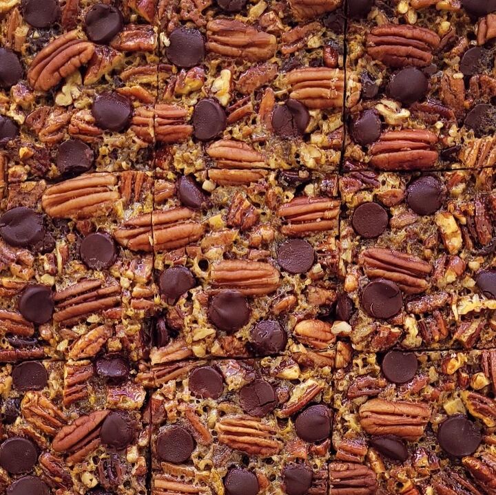 chocolate pecan pie bars, functional image chocolate chip pecan pie bars top down zoomed in image of bars cut into squares