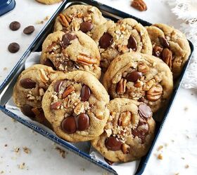chocolate pecan pie bars, functional image chocolate chip cookies with pecans piled in a square blue cookie tin