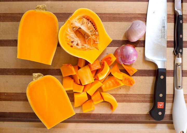 roasted butternut squash soup, Cut squash to demonstrate how to cut for roasting
