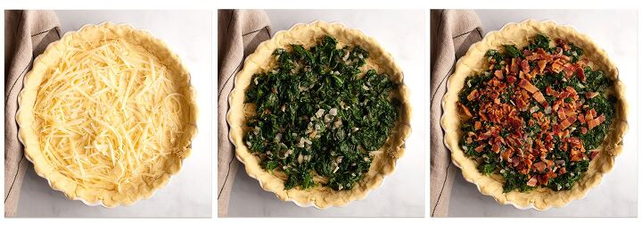 spinach and bacon quiche, Triptych of how to fill the crust