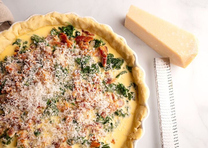 spinach and bacon quiche, Parmesan grated on the top of the quiche