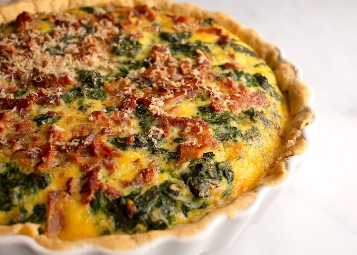 spinach and bacon quiche, Bake until the custard puffs up and looks domed