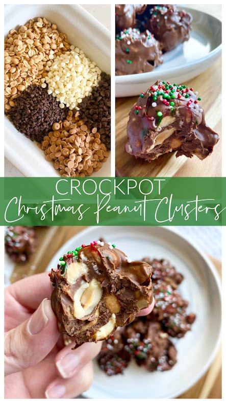 crockpot christmas peanut clusters, Collage of Christmas peanut clusters ingredients in crockpot and hand holding finished candy with sprinkles