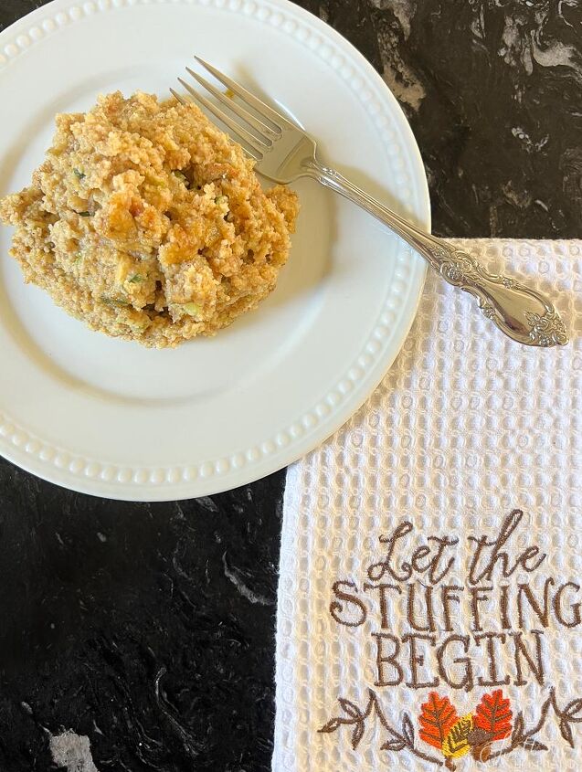 homemade southern cornbread dressing just like grandma s only easier, Cornbread dressing and let the stuffing begin kitchen towel