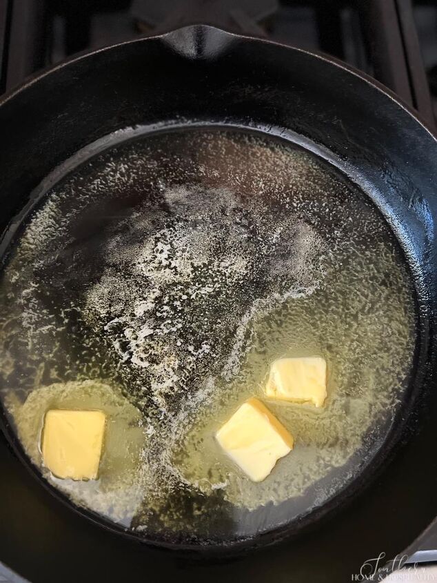 the easiest southern country gravy, Butter melting in cast iron skillet