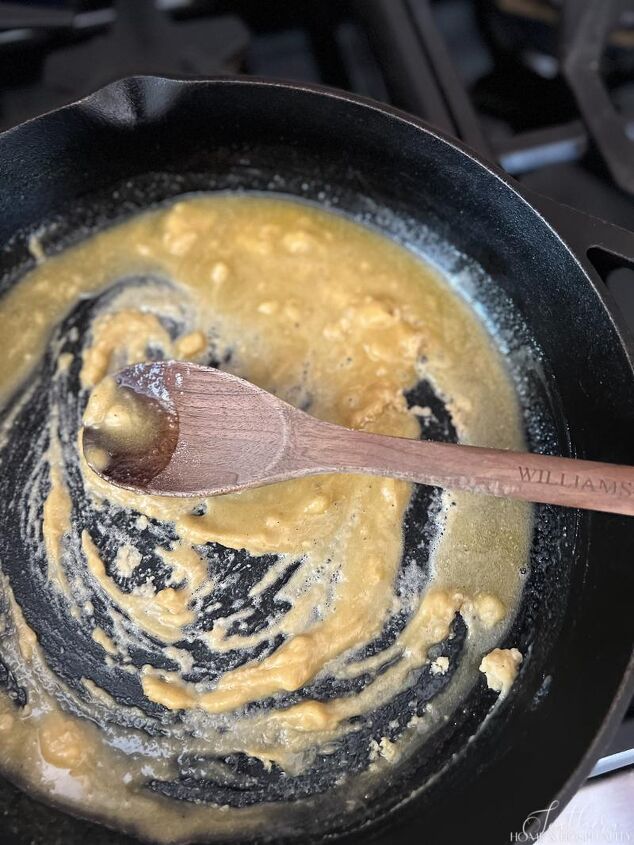 the easiest southern country gravy, Stirring butter and flour to make roux