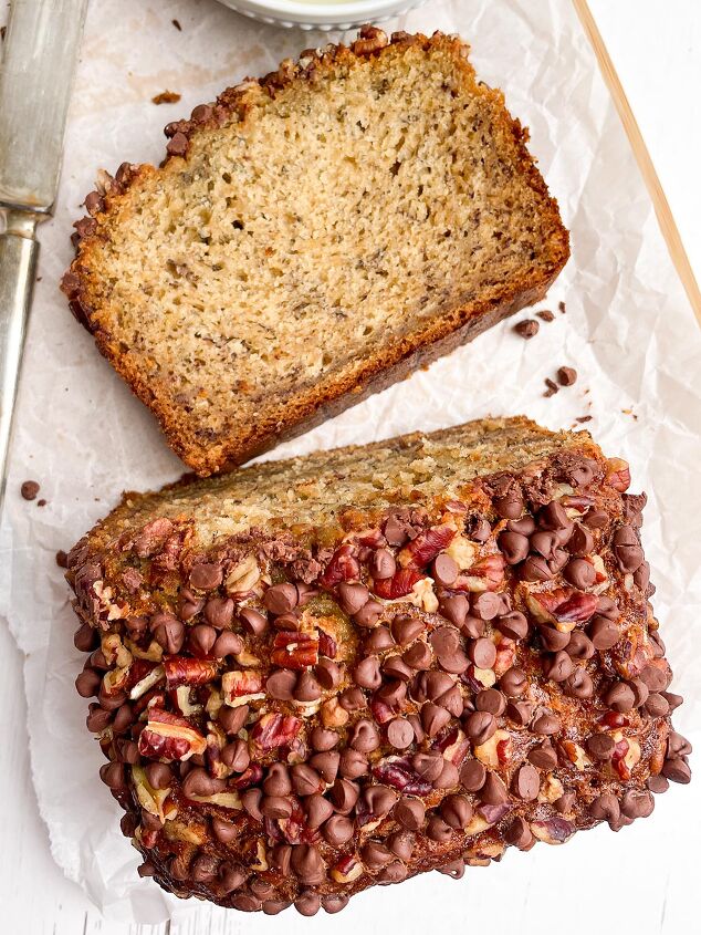 chocolate chip pecan banana bread without butter, chocolate chip pecan banana bread without butter on parchment paper
