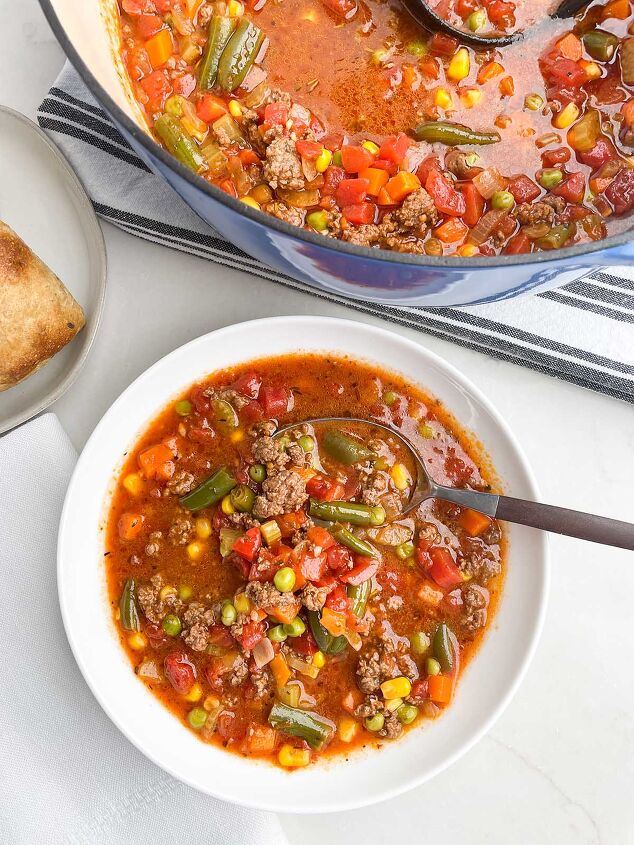 ground beef vegetable soup recipe, ground beef vegetable soup recipe in a white bowl