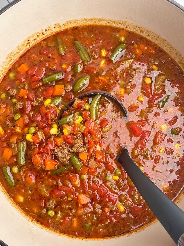 ground beef vegetable soup recipe, ground beef vegetable soup in a Dutch oven